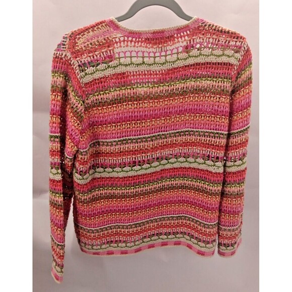 Norm Thompson Vintage Pink Green Red Striped Open Knit Crocheted Cardigan Size M - Picture 5 of 7